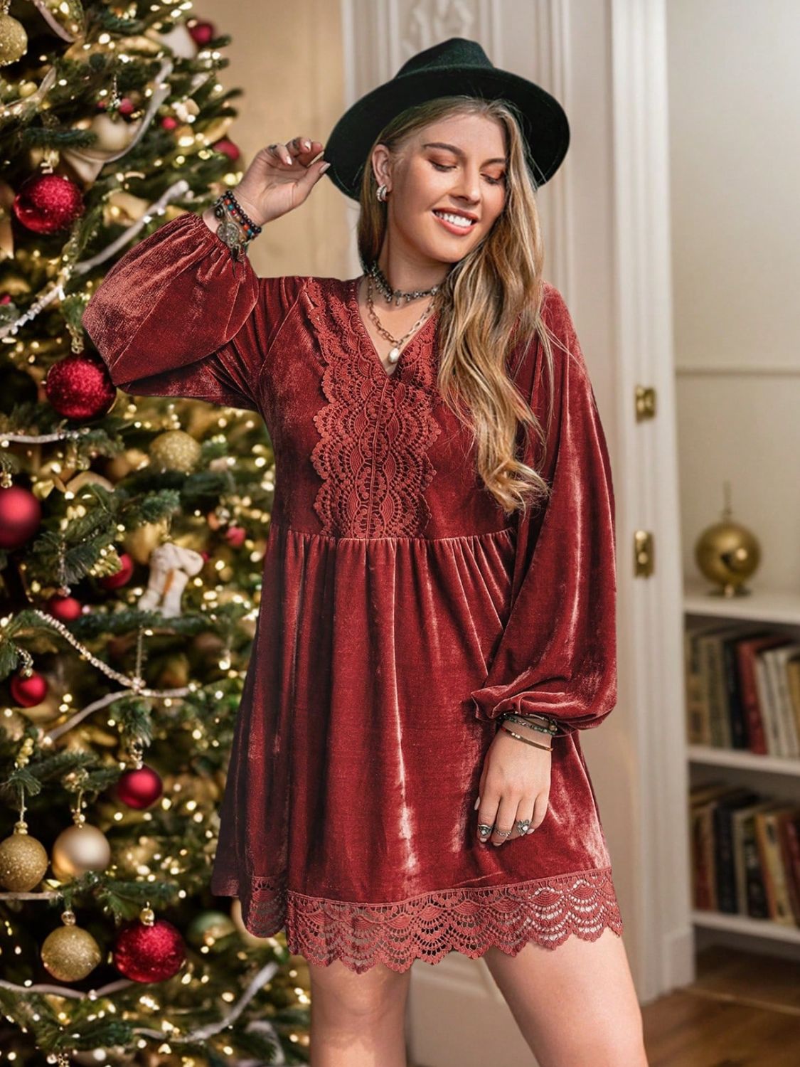 Plus Size Lace Detail V-Neck Long Sleeve Mini Dress - Tigbul's Variety Fashion Shop