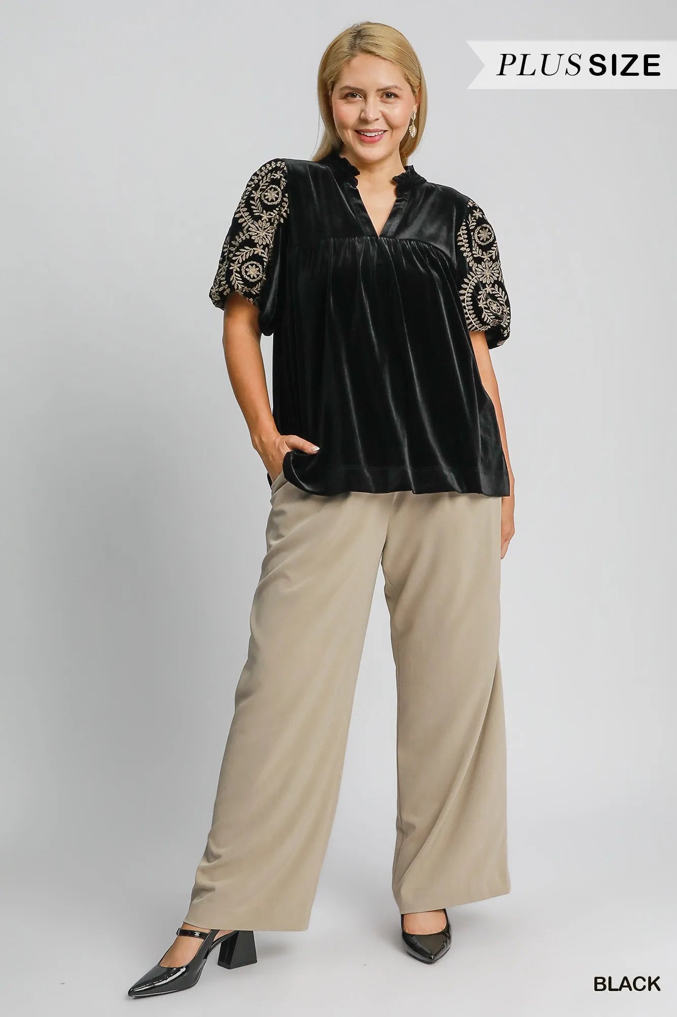 Umgee Full Size Velvet Embroidered Sleeve Blouse Plus Size - Tigbul's Variety Fashion Shop