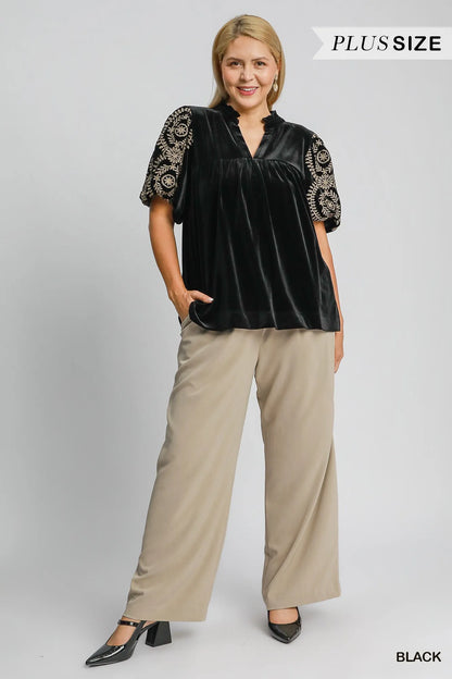 Umgee Full Size Velvet Embroidered Sleeve Blouse Plus Size - Tigbul's Variety Fashion Shop