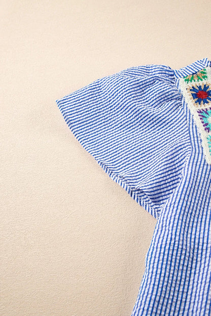 Stripe Textured Ruffle Short Sleeve Boho Detail Square Neck Blouse - Tigbul's Variety Fashion Shop