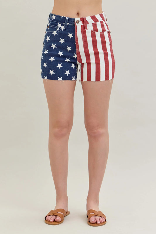 Judy Blue Full Size High Waist Americana Flag Fray Hem Shorts Plus Size - Tigbul's Variety Fashion Shop