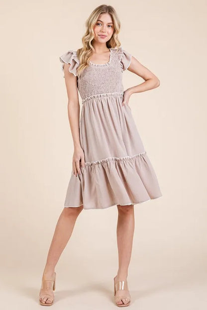 Taupe Color Ruffle Trim Smocked Dress - Tigbul's Variety Fashion Shop