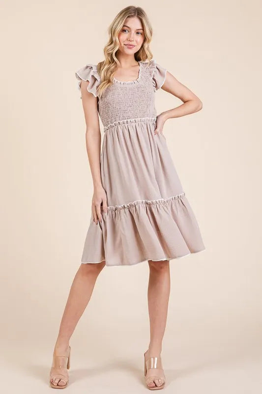 Taupe Color Ruffle Trim Smocked Dress - Tigbul's Variety Fashion Shop