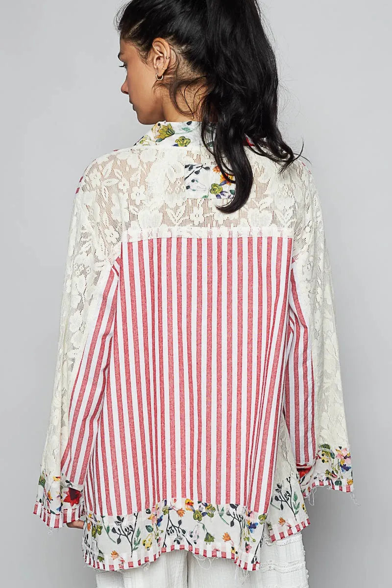 POL Lace Long Sleeve Striped Cardigan with Floral Patchwork Detail - Tigbul's Variety Fashion Shop