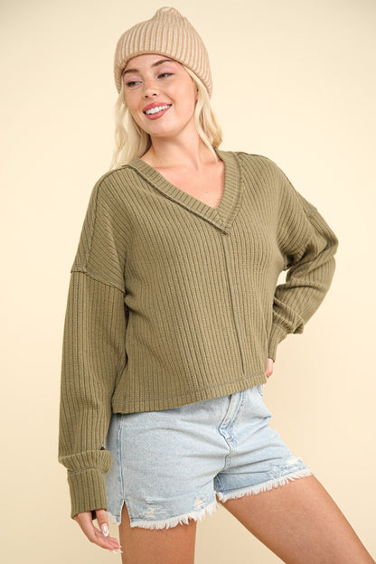 VERY J Exposed Seam V-Neck Ribbed Knit Top - Tigbul's Variety Fashion Shop