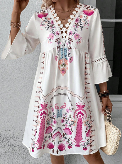 Lace Detail Printed Three-Quarter Sleeve Dress - Tigbul's Variety Fashion Shop