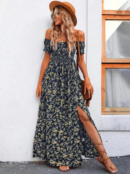 Full Size Slit Off-Shoulder Floral Midi Dress Plus Size - Tigbul's Variety Fashion Shop