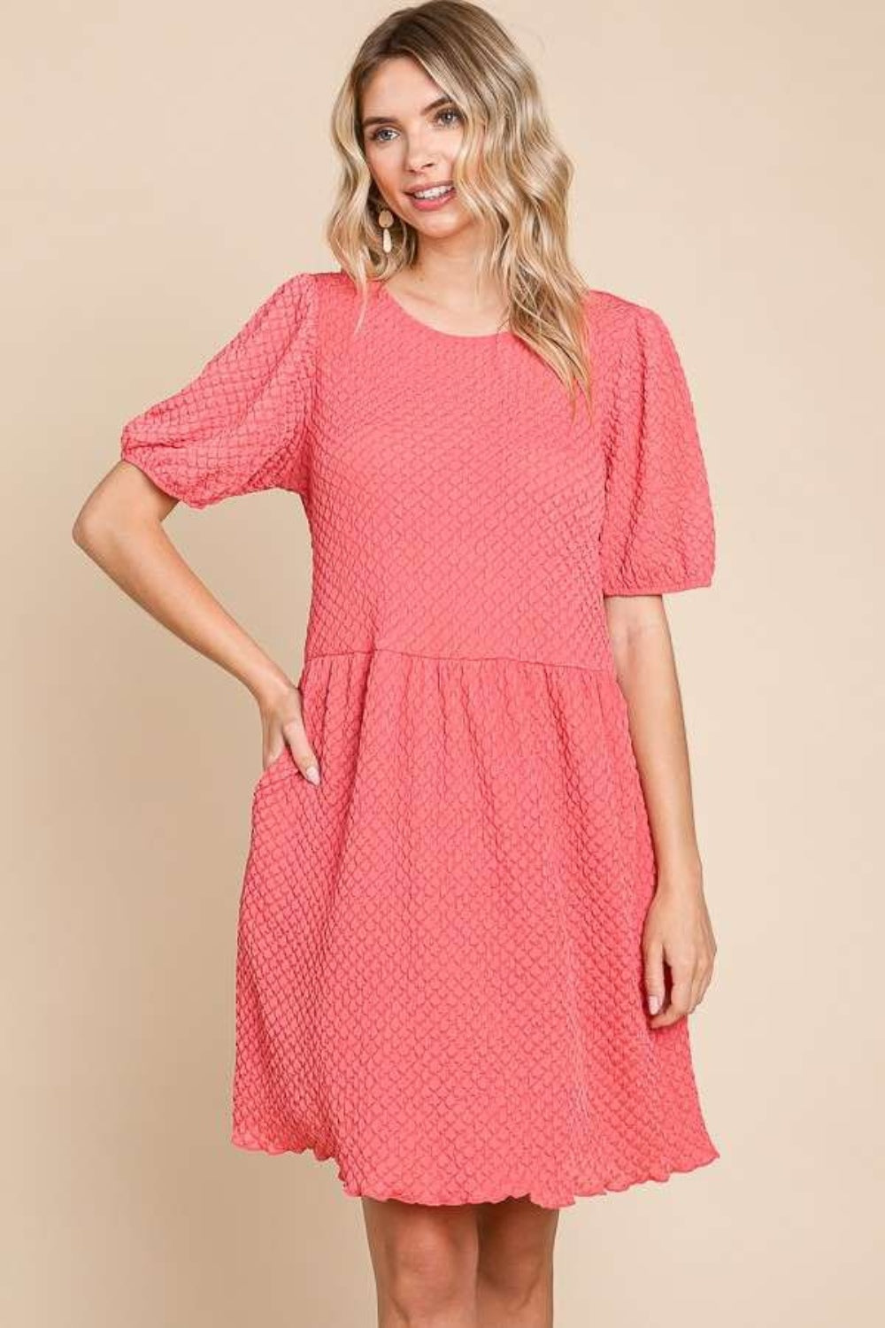 Culture Code Full Size Textured Round Neck Puff Sleeve Dress - Tigbul's Variety Fashion Shop