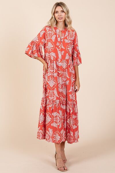 Orange-Red Abstract Leaf Print Tiered Ruffle Dress - Tigbul's Variety Fashion Shop
