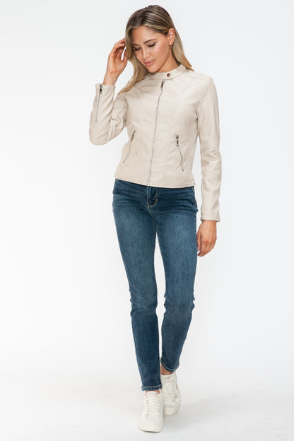 PU Leather Zip Up Jacket with Pockets in Sand Color