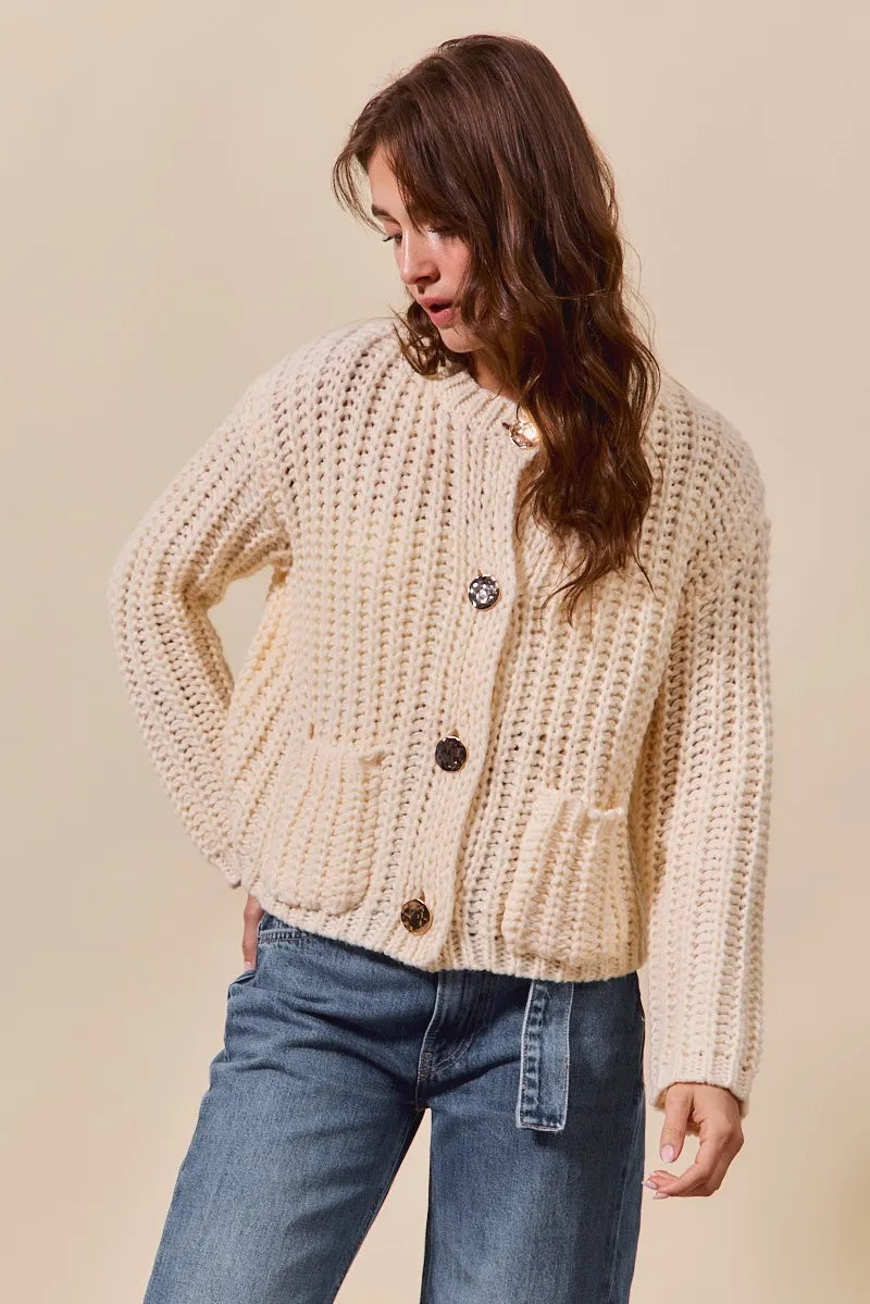 SO ME Metal Button Long Sleeve Chunky Sweater Cardigan - Tigbul's Variety Fashion Shop