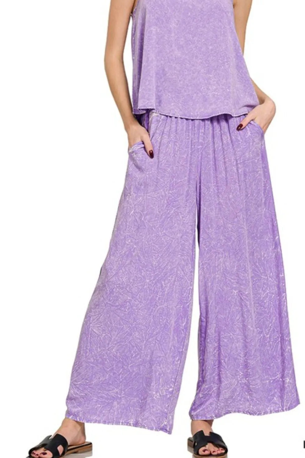 Zenana Woven Acid Crinkle Washed Cami & Pants 2 Piece Set - Tigbul's Variety Fashion Shop