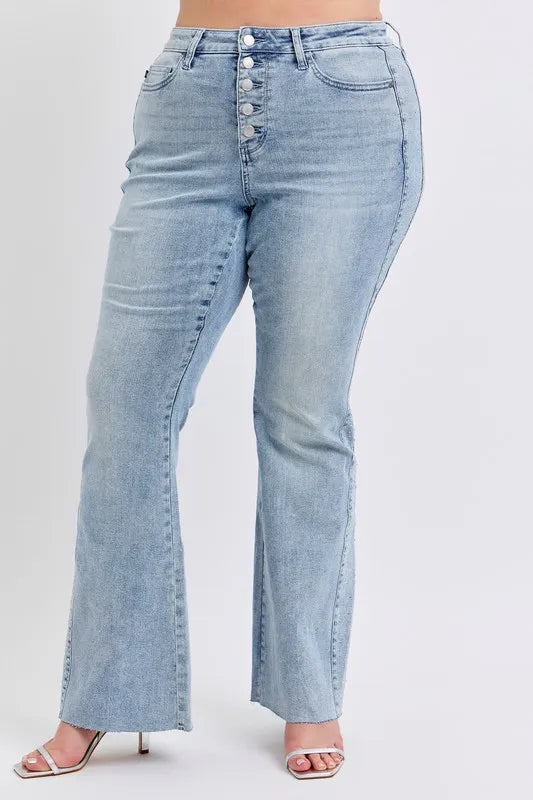 Judy Blue Full Size Midi Rise Rhinestone Side Panel Detail Flare Jeans Plus Size - Tigbul's Variety Fashion Shop