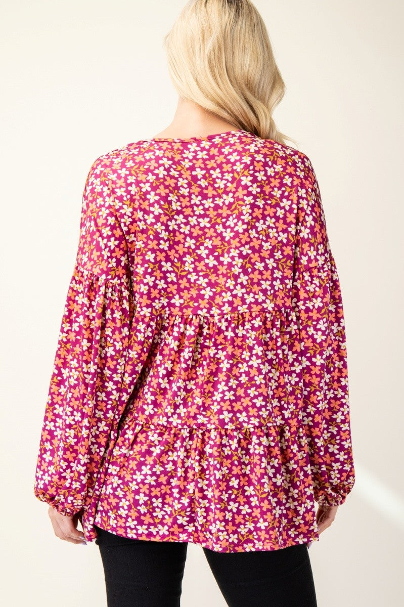 Celeste Full Size Floral V-Neck Balloon Sleeve Blouse - Tigbul's Variety Fashion Shop