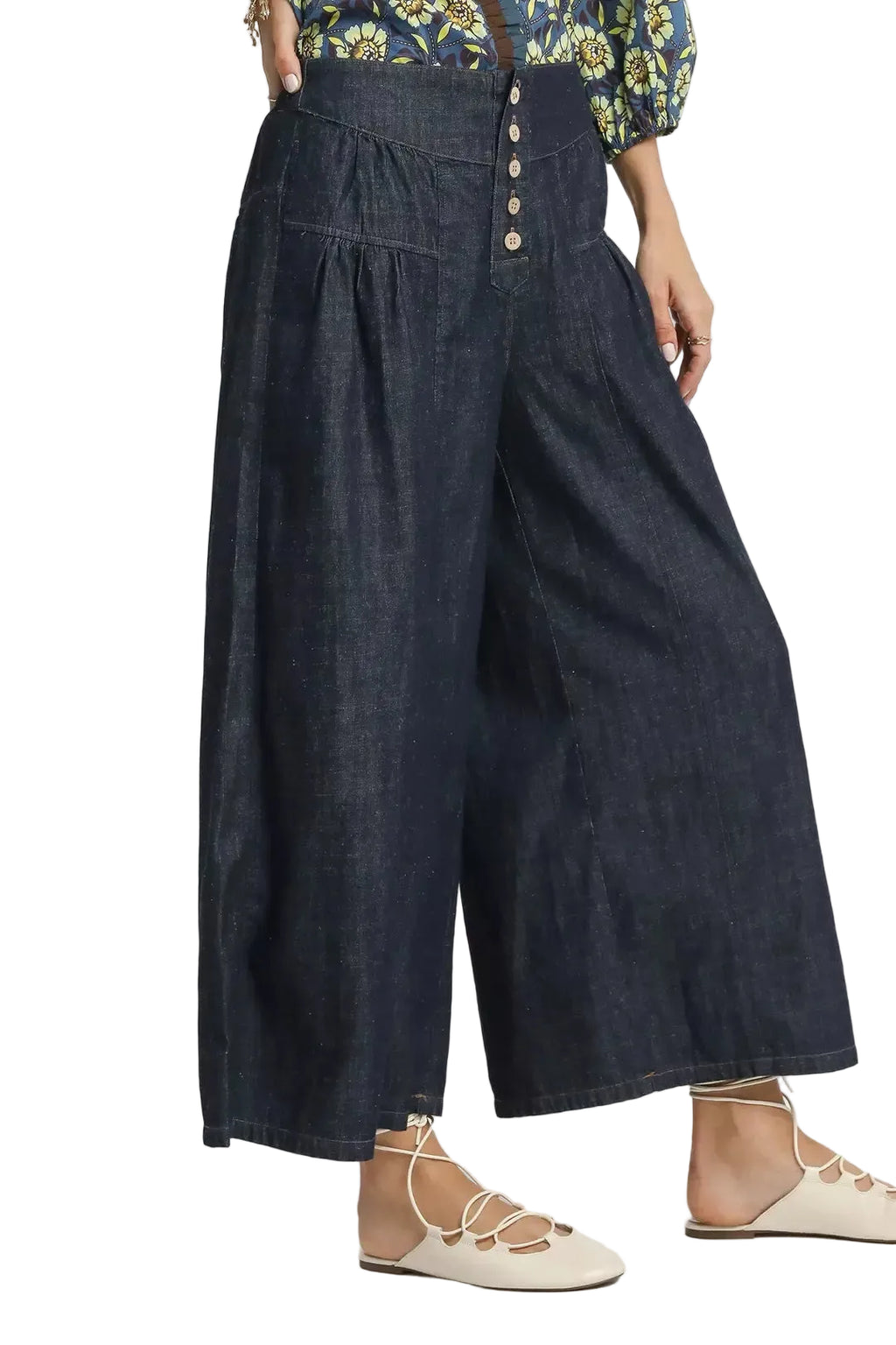 Dark Blue Stone Washed Wide-Leg Button-Front Culottes | Tigbuls
