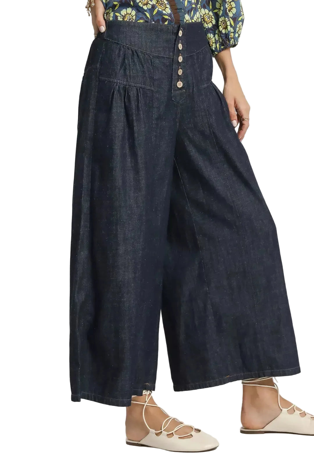 Dark Blue Stone Washed Wide-Leg Button-Front Culottes | Tigbuls