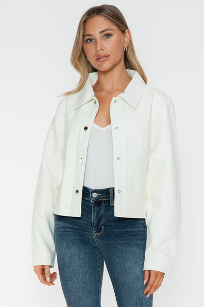 White Snap Down Long Sleeve PU Leather Jacket