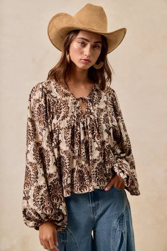 BiBi Printed Woven Front Tied Blouse with Baloon Sleeve - Tigbul's Variety Fashion Shop