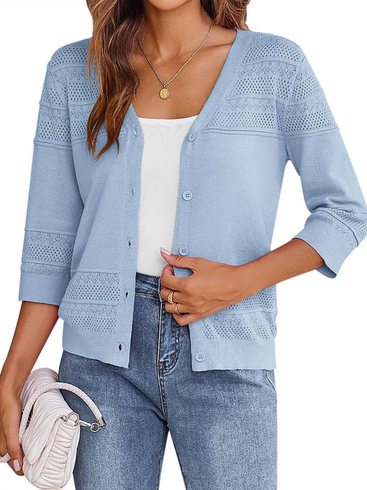 Button Up 3/4 Sleeve Cardigan - Tigbul's Variety Fashion Shop