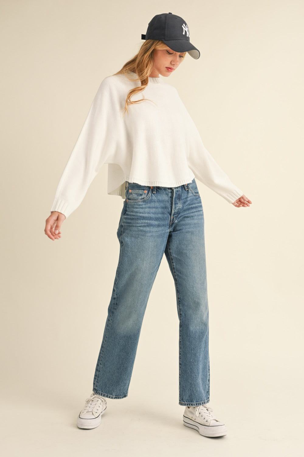 Off White Round Neck Dolman Sleeve Cropped Sweater - Tigbul's Variety Fashion Shop