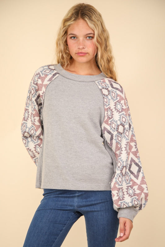 VERY J Printed Long Sleeve Round Neck Knit Top - Tigbul's Variety Fashion Shop