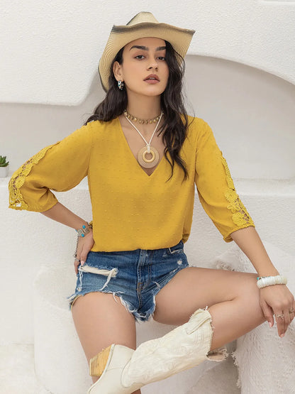 Yellow V-Neck Lace Three-Quarter Sleeve Top - Tigbul's Variety Fashion Shop