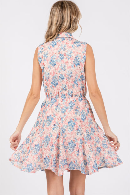 GeeGee Full Size Floral Eyelet Sleeveless Mini Dress - Tigbuls Variety Fashion
