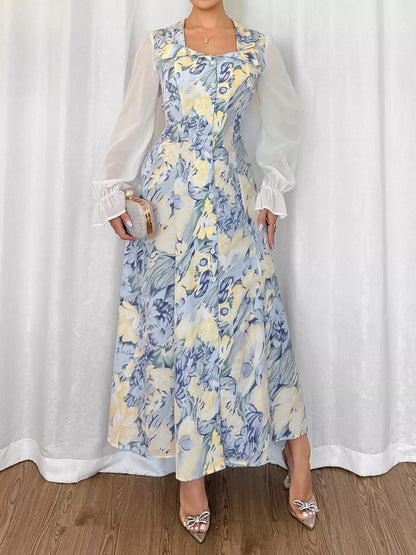 Floral Print Sheer Flounce Sleeves Dress - Tigbul's Variety Fashion Shop