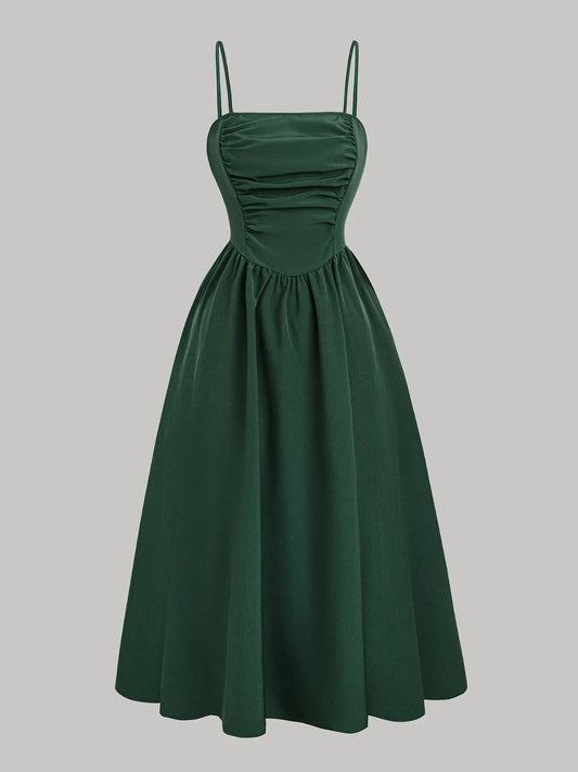 Dark Green Smocked Square Neck Cami Dress - Tigbul's Variety Fashion Shop