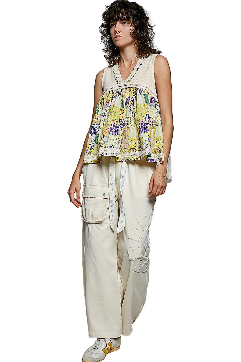 Floral sheer V-neck tank with lace trim, vanilla cream | Tigbuls Variety