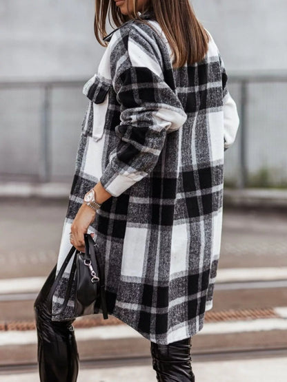 Button Down Collared Neck Plaid Flannel Shacket - Tigbul's Variety Fashion Shop