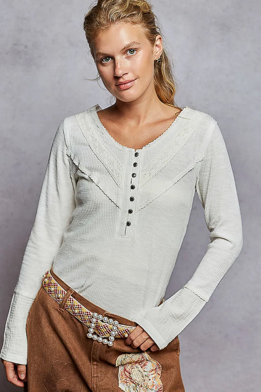 POL Ribbed Half Button Lace Detail Knit Top - Tigbul's Variety Fashion Shop
