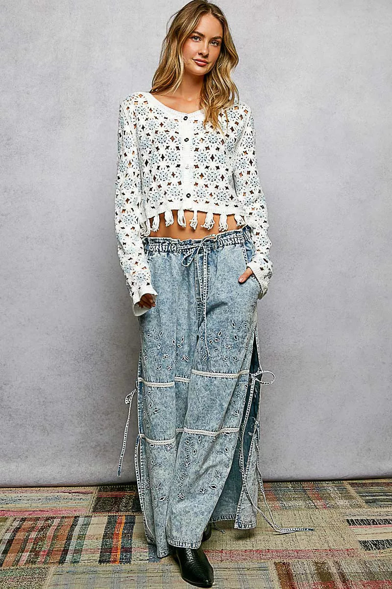 Off White, Blue Openwork Floral Crochet Cardigan with Tassel Hem | Tigbuls