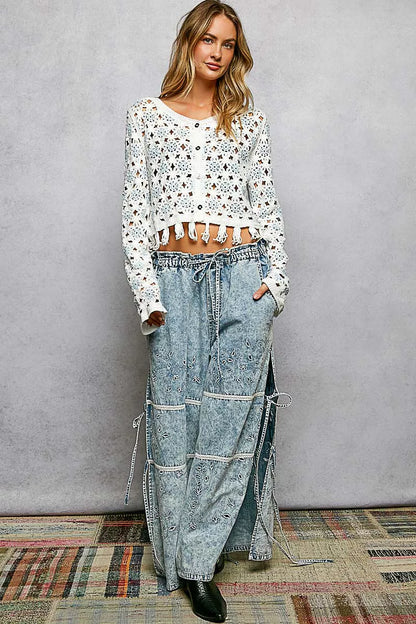 Off White, Blue Openwork Floral Crochet Cardigan with Tassel Hem | Tigbuls