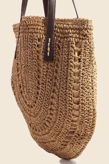 Tan Straw Braided Rounded Tote Bag - Tigbul's Variety Fashion Shop