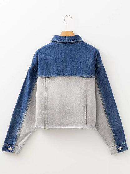 Color Block Patchwork Raw Hem Denim Jacket - Tigbul's Variety Fashion Shop