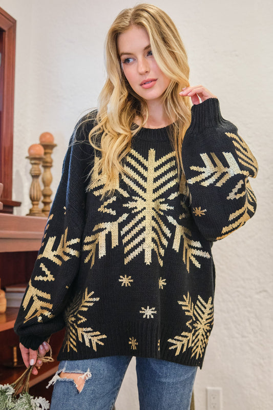 Foil Snowflake Round Neck Sweater - Tigbul's Variety Fashion Shop