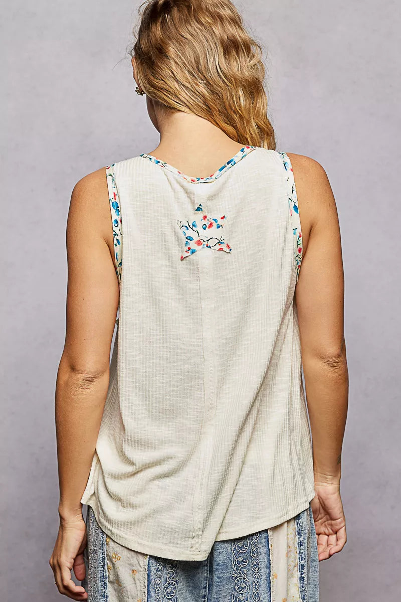 POL Floral Print Star Patch V-Neck Ribbed Tank | Tigbuls Variety