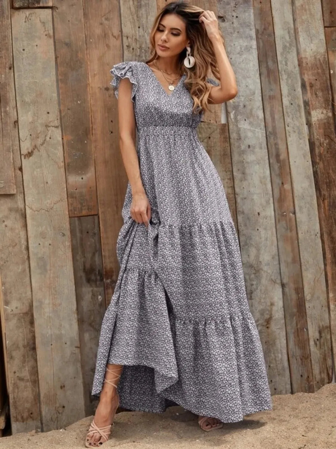 Printed V-Neck Ruffled Cap Sleeve Maxi Dress - Tigbul's Variety Fashion Shop