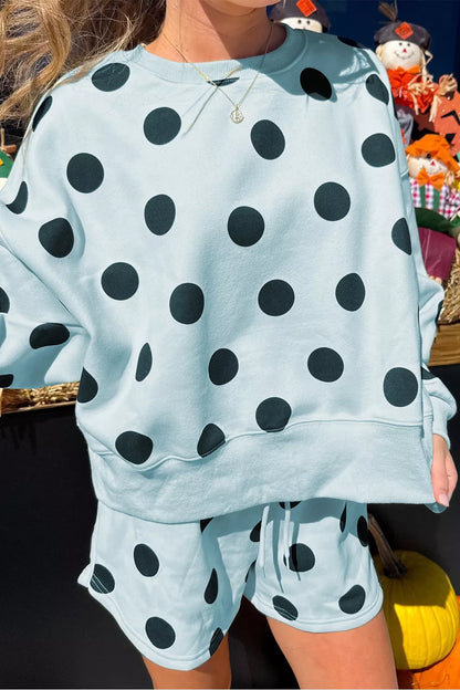 Polka Dot Print Drop Shoulder Pullover Drawstring Shorts Set - Tigbul's Variety Fashion Shop