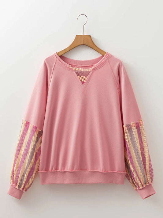 Striped Mesh Sleeve Patchwork Exposed Seam Top - Tigbul's Variety Fashion Shop