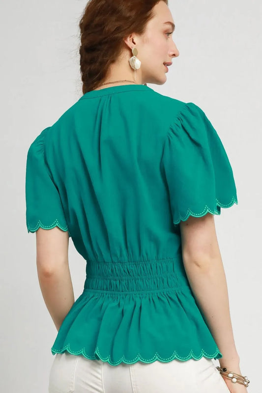 Umgee Scalloped Edge Flutter Sleeve Blouse - Tigbul's Variety Fashion Shop