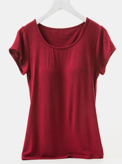 Round Neck Short Sleeve T-Shirt with Bra - Tigbul's Variety Fashion Shop