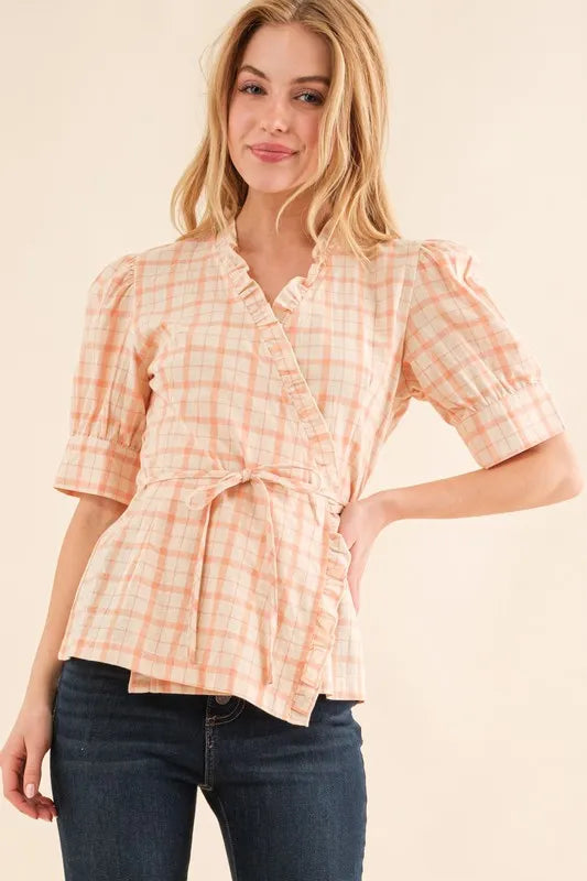 Plaid Patterned and Ruffled Wrap Blouse Top - Tigbul's Variety Fashion Shop