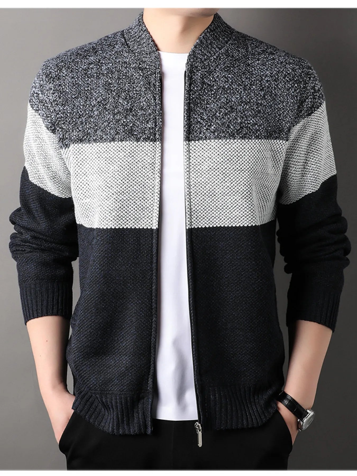 Men's Plus Size Color Block Zip Up Cardigan - Tigbul's Variety Fashion Shop