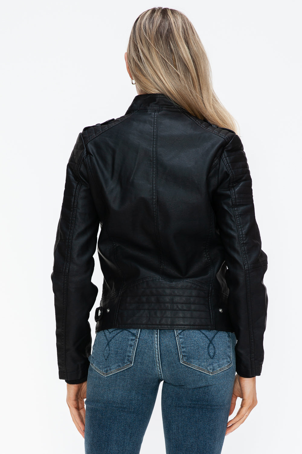 Black PU Leather Biker Jacket with Side Zip Pockets