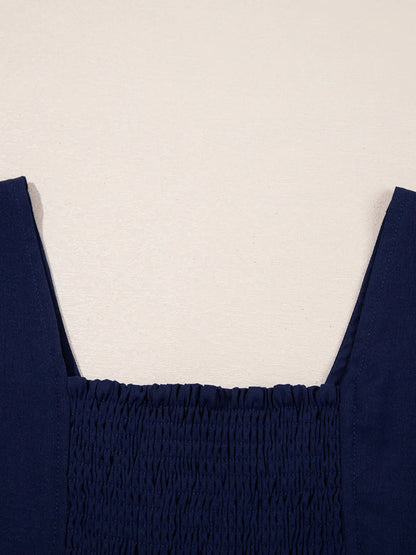 V Neck Buttoned Front Shirred Back Short Sleeve Midi Dress - Tigbul's Variety Fashion Shop