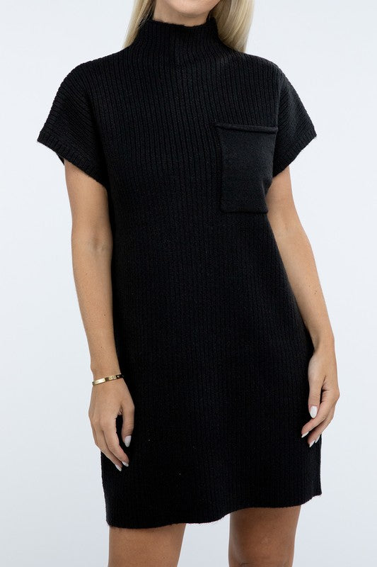 Mock Neck Short Sleeve Sweater Dress with Pocket - Tigbul's Variety Fashion Shop