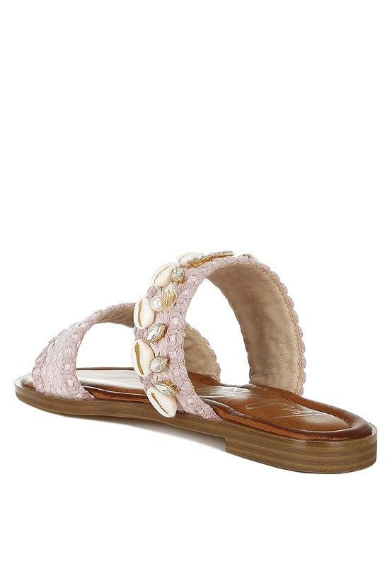 Seashell Raffia Slip on Flat Sandals - Tigbul's Variety Fashion Shop