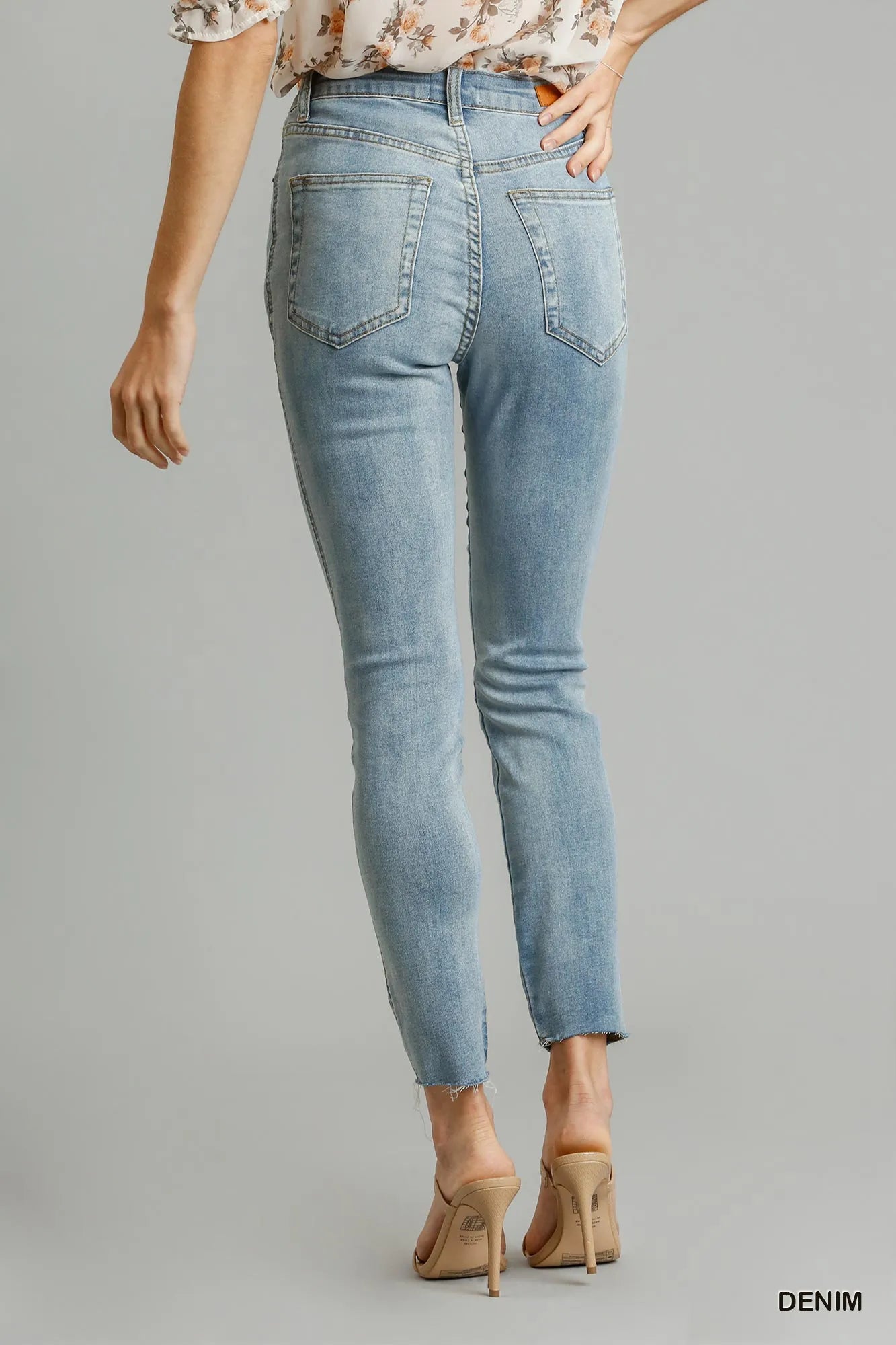 Umgee 5-Pockets Distressed Detail Stretch Denim Skinny Jeans with Unfinished Hem - Tigbul's Variety Fashion Shop